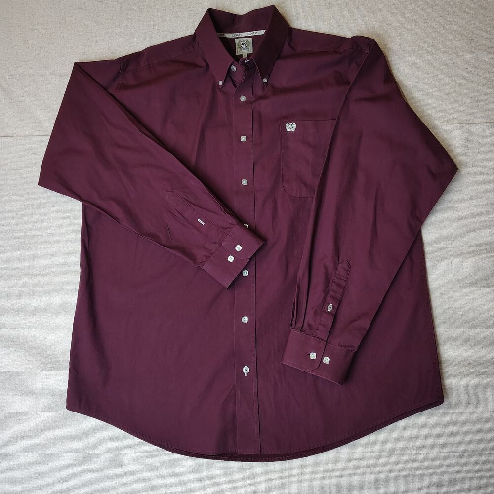Cinch Mens Medium Burgundy Button Down Western Shirt 100% Cotton Long Sleeve